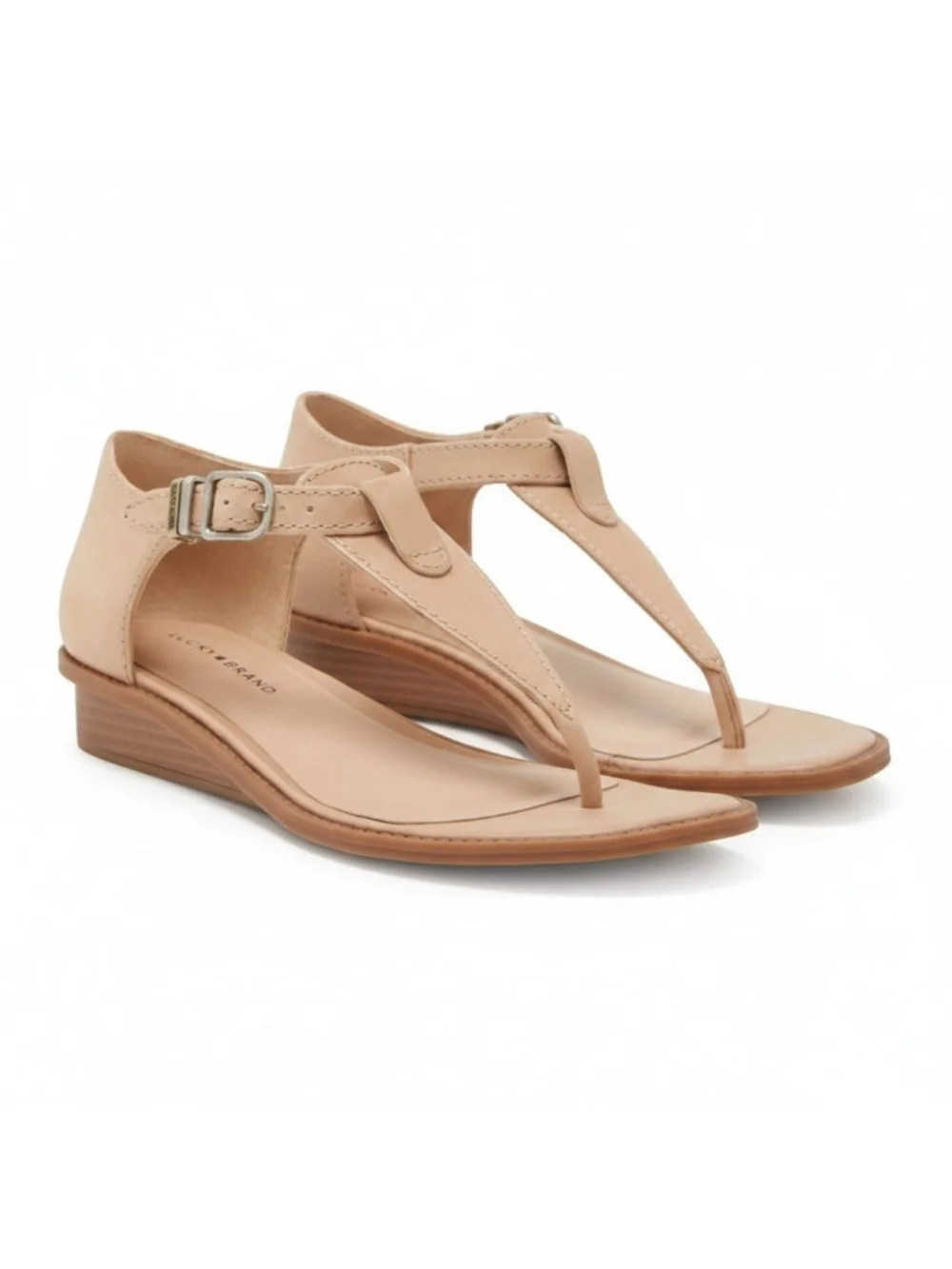 Lucky Brand Annamae LEATHER T Strap Wedge Sandals 8 M Cortado Beige